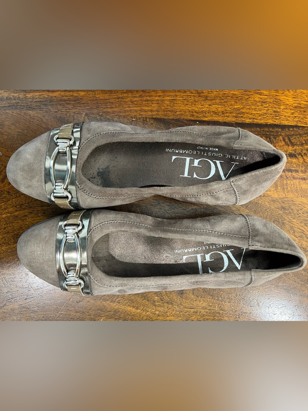 Attilio Giusti Leombruni Brown Suede Flats with Silver Chain Accent